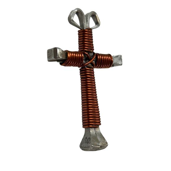 Silvertone and Copper Color Wrapped Cross Pendant Funky 1.75" - Picture 3 of 7